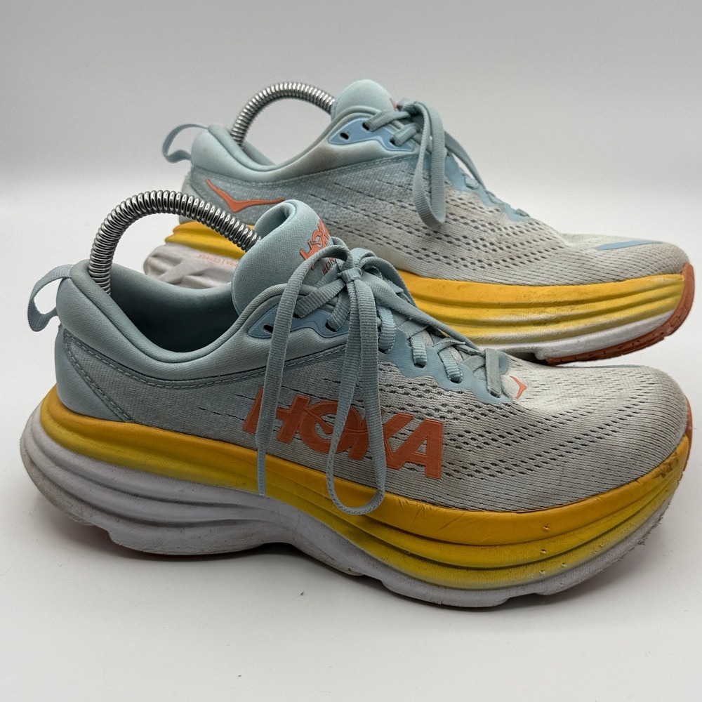 Hoka Bondi 8 Running Shoes Women 8.5 Blue Yellow Orange Maximalist Sneakers